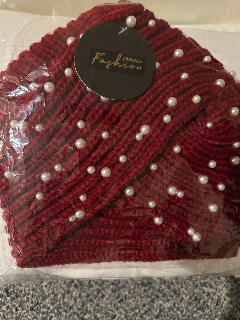 Pearl-Embellished burgundy Knit turban/hat
